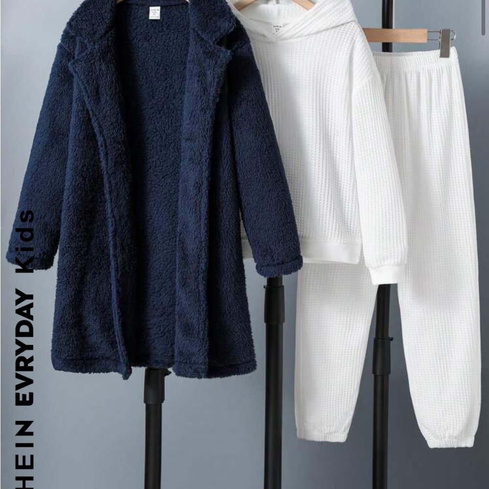 Cozy Kids' Navy Sherpa Coat and White Waffle Set